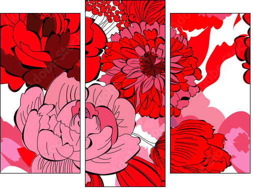 Seamless pattern with red flowers - Three-piece canvas print, Triptych