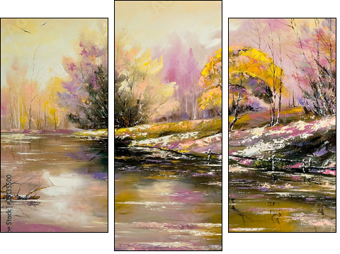 Autumn landscape with snow and the river - Three-piece canvas print, Triptych