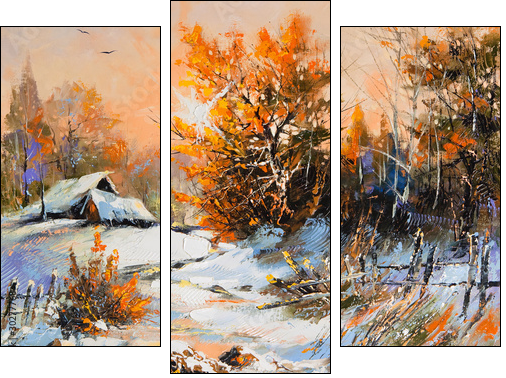 Rural winter landscape - Three-piece canvas print, Triptych