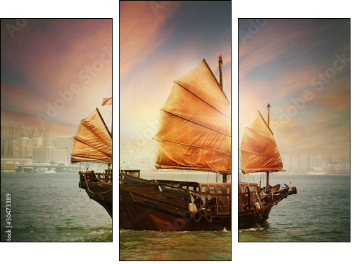 Hong Kong junk boat - Three-piece canvas print, Triptych