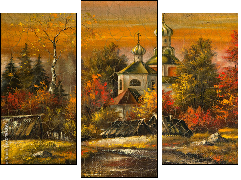 Ancient picture. Church in village - Three-piece canvas print, Triptych