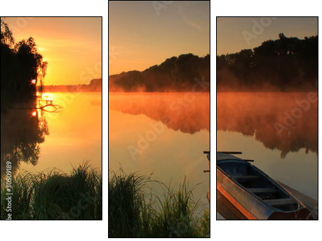 Boat on the shore of a misty lake - Three-piece canvas print, Triptych