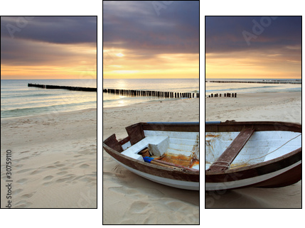Boat on beautiful beach in sunrise - Three-piece canvas print, Triptych