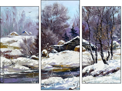 Small house in winter village - Three-piece canvas print, Triptych