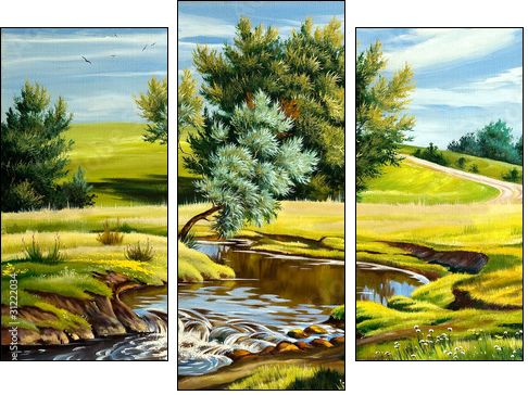 Summer landscape with the river - Three-piece canvas print, Triptych