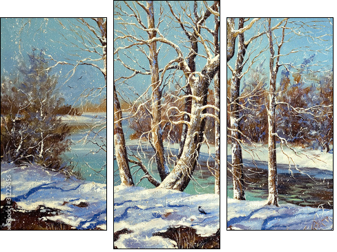 Winter landscape on the bank of the river - Three-piece canvas print, Triptych