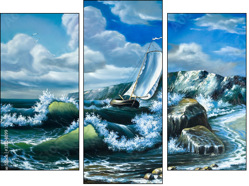 Lonely sailing vessel in the storming sea - Three-piece canvas print, Triptych