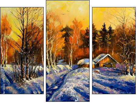 Evening in winter village - Three-piece canvas print, Triptych