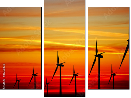 Wind turbines farm at sunset - Three-piece canvas print, Triptych