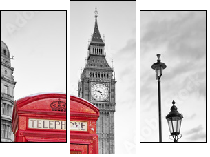 Red phone booth in London with the Big Ben in black and white - Three-piece canvas print, Triptych