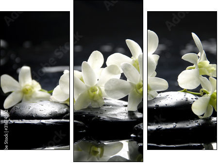 Zen stones and pink orchids with reflection - Three-piece canvas print, Triptych