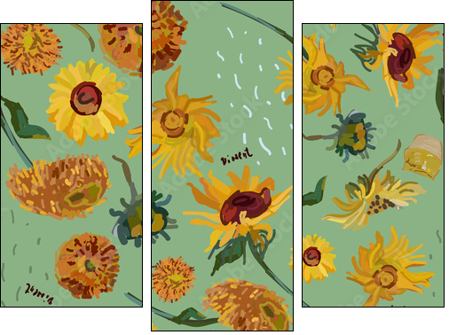 Sunflower flowers on a background of sea green. Vector illustration based on the painting of Van Gogh. - Three-piece canvas print, Triptych