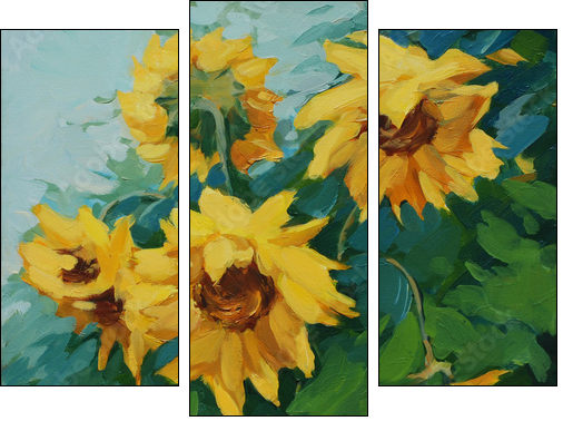 field with sunflowers drawn on a canvas oil,  illustration, pain - Three-piece canvas print, Triptych