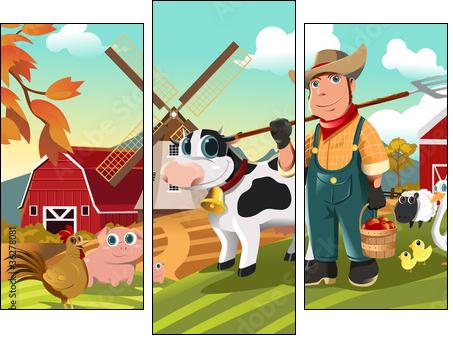 Farmer at the farm with animals - Three-piece canvas print, Triptych