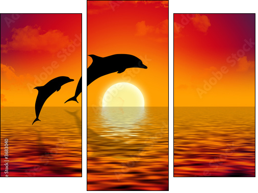 illustration of two dolphins swimming in sunset - Three-piece canvas print, Triptych