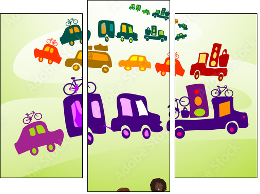 cars caravan, Group of kids playing in a landscape - Three-piece canvas print, Triptych