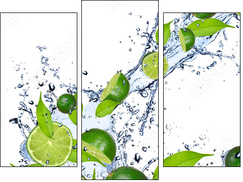 Limes falling in water splash, isolated on white background - Three-piece canvas print, Triptych