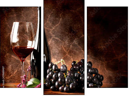 Vino rosso con grappolo di uva nera - Three-piece canvas print, Triptych
