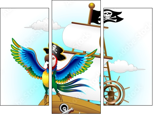 Pappagallo su Nave Pirata Cartoon Pirate Macaw Parrot on Ship - Three-piece canvas print, Triptych