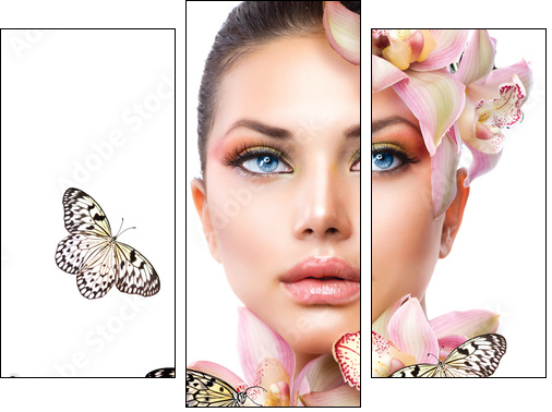 Beautiful Girl With Orchid Flowers and Butterfly - Three-piece canvas print, Triptych