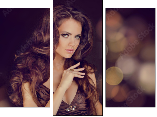 Fashion lady, sensual brunette woman with shiny curly silky hair - Three-piece canvas print, Triptych