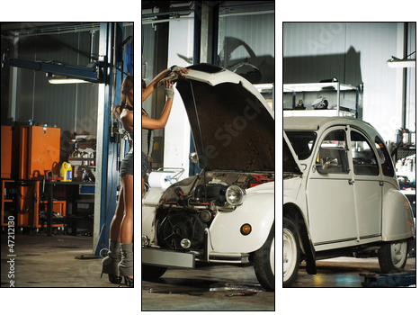 A beautiful brunette woman in a garage fixing an old car - Three-piece canvas print, Triptych