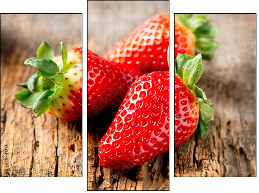 Strawberry over Wooden Background. Strawberries close-up - Three-piece canvas print, Triptych
