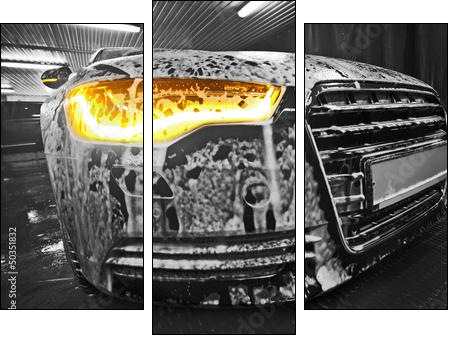car in foam on sink - Three-piece canvas print, Triptych