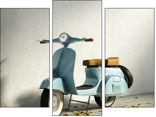 Vintage blue motorcycle vespa, by wall with fallen leaves - Three-piece canvas print, Triptych