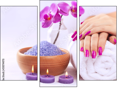 female hands with fragrant orchid and towel. Spa - Three-piece canvas print, Triptych