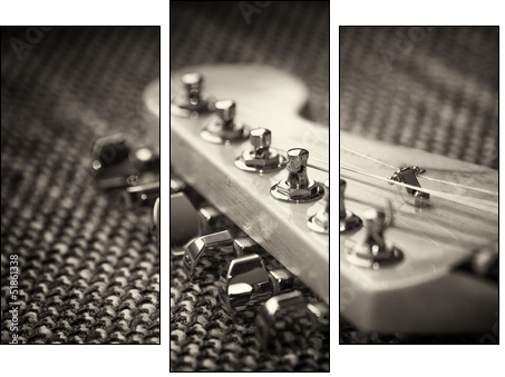 Electrical guitar headstock closeup. Sepia effect with vignette - Three-piece canvas print, Triptych