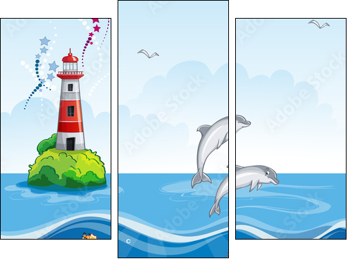 Children's illustration of the lighthouse and the sea dolphins. - Three-piece canvas print, Triptych
