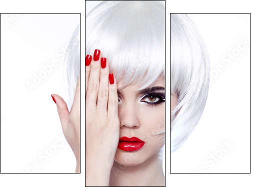 White Hair and Red Nails. Fashion Beauty Girl. Red lips. Manicur - Three-piece canvas print, Triptych