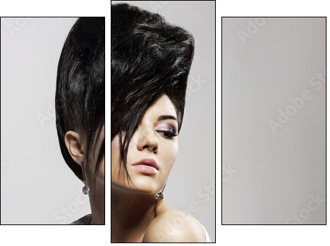 Updo Hair. Woman with Trendy Hairstyle with Diamond Earrings - Three-piece canvas print, Triptych