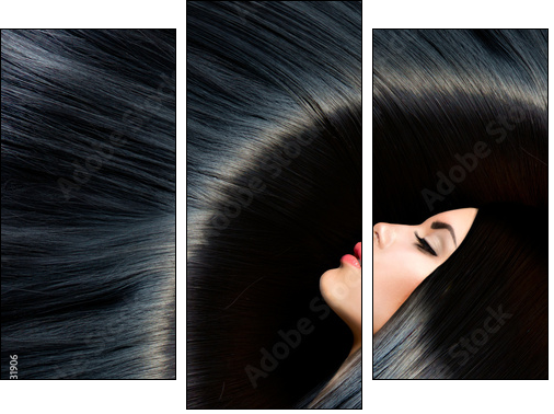 Healthy Long Black Hair. Beauty Brunette Woman - Three-piece canvas print, Triptych