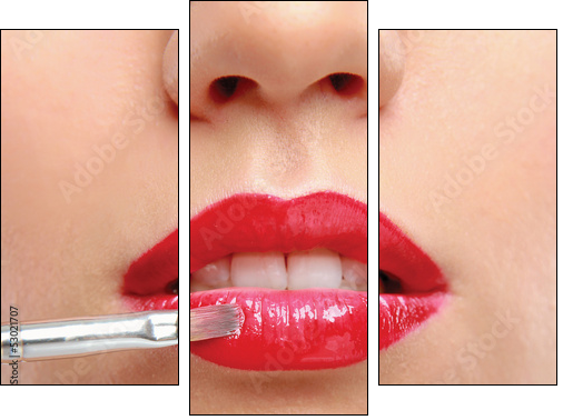 Woman's lips holding make up brush - Three-piece canvas print, Triptych
