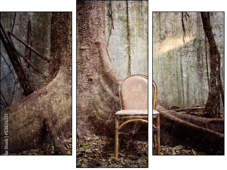 the tree, the old chair and the ruined wall - Grunge textured - Three-piece canvas print, Triptych
