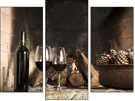 Copas de vino y botella de vino tinto, mano, brindis - Three-piece canvas print, Triptych