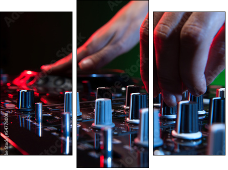 DJ at work. Close-up of DJ hands making music - Three-piece canvas print, Triptych