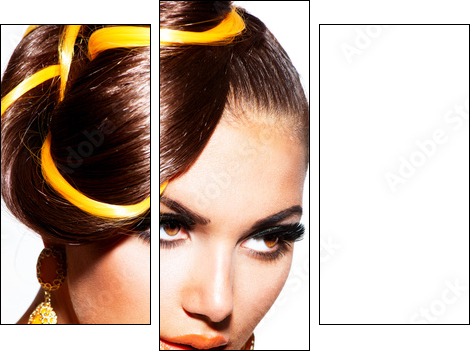 Fashion Model Girl Portrait with Yellow and Orange Makeup - Three-piece canvas print, Triptych