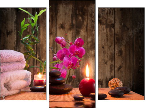massage - bamboo - orchid, towels, candles stones - Three-piece canvas print, Triptych