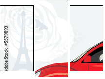Driving woman a red car on the background with Eiffel tower - Three-piece canvas print, Triptych