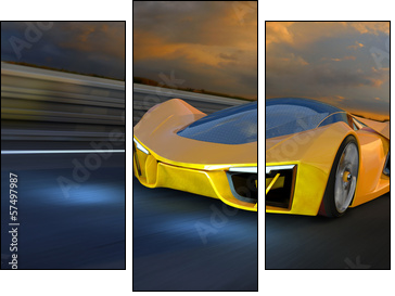 A yellow Future Fantasy Car on a Racing Track - Three-piece canvas print, Triptych