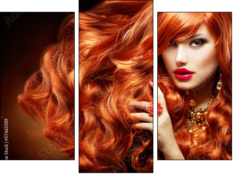 Long Curly Red Hair. Fashion Woman Portrait - Three-piece canvas print, Triptych