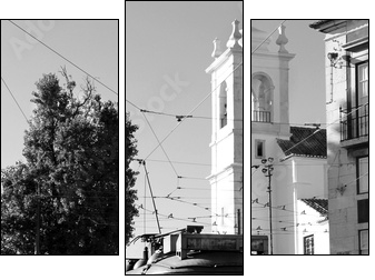 Lisbon old yellow tram over black and white background - Three-piece canvas print, Triptych
