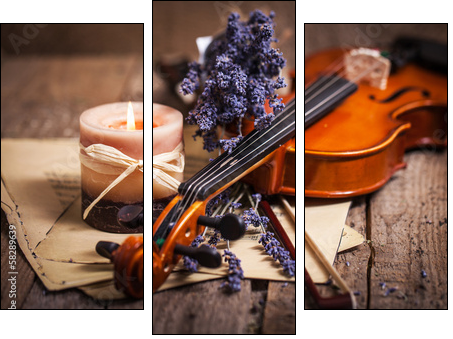 Vintage composition with violin and lavender - Three-piece canvas print, Triptych