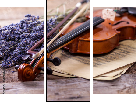 Vintage composition with violin and lavender - Three-piece canvas print, Triptych