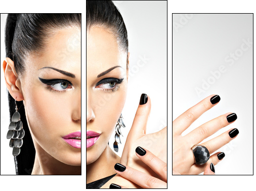 Beautiful fashion sexy woman with black nails at pretty face - Three-piece canvas print, Triptych