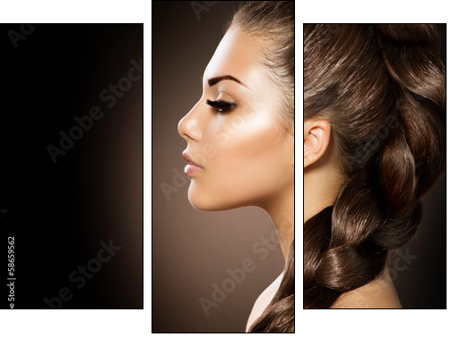 Hair Braid. Beautiful Woman with Healthy Long Hair - Three-piece canvas print, Triptych