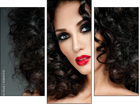 beautiful brunette with gorgeous curly hair - Three-piece canvas print, Triptych